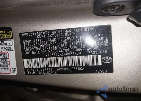 2004 Toyota Camry Le/Xle/Se z USA, uszkodzony, nr VIN 4T1BE32KX4U921730